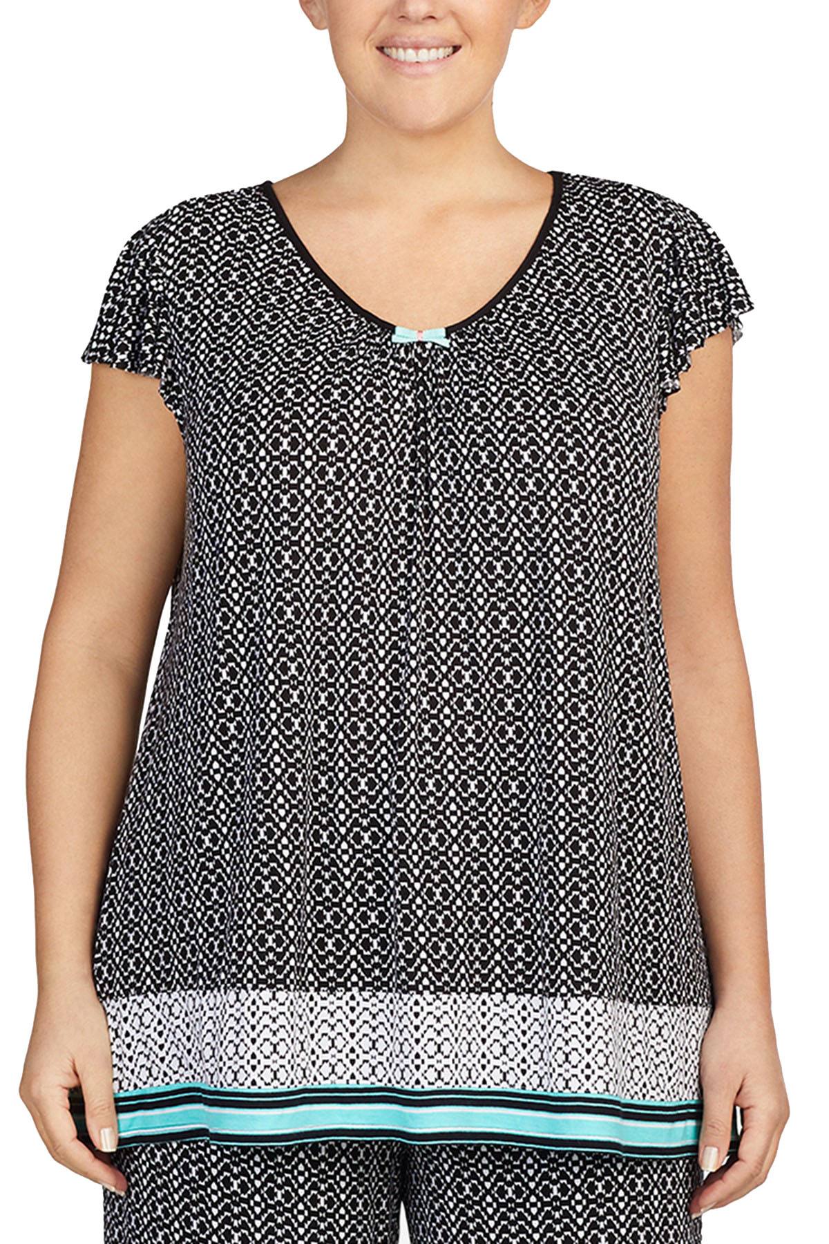 Ellen Tracy PLUS Printed Ruffle Sleeve Top in Black/Turquoise