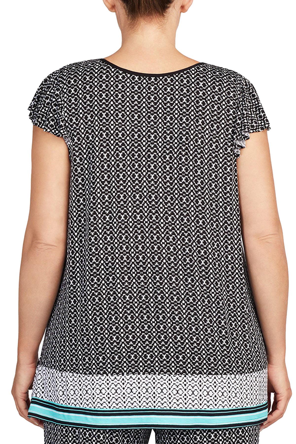 Ellen Tracy PLUS Printed Ruffle Sleeve Top in Black/Turquoise