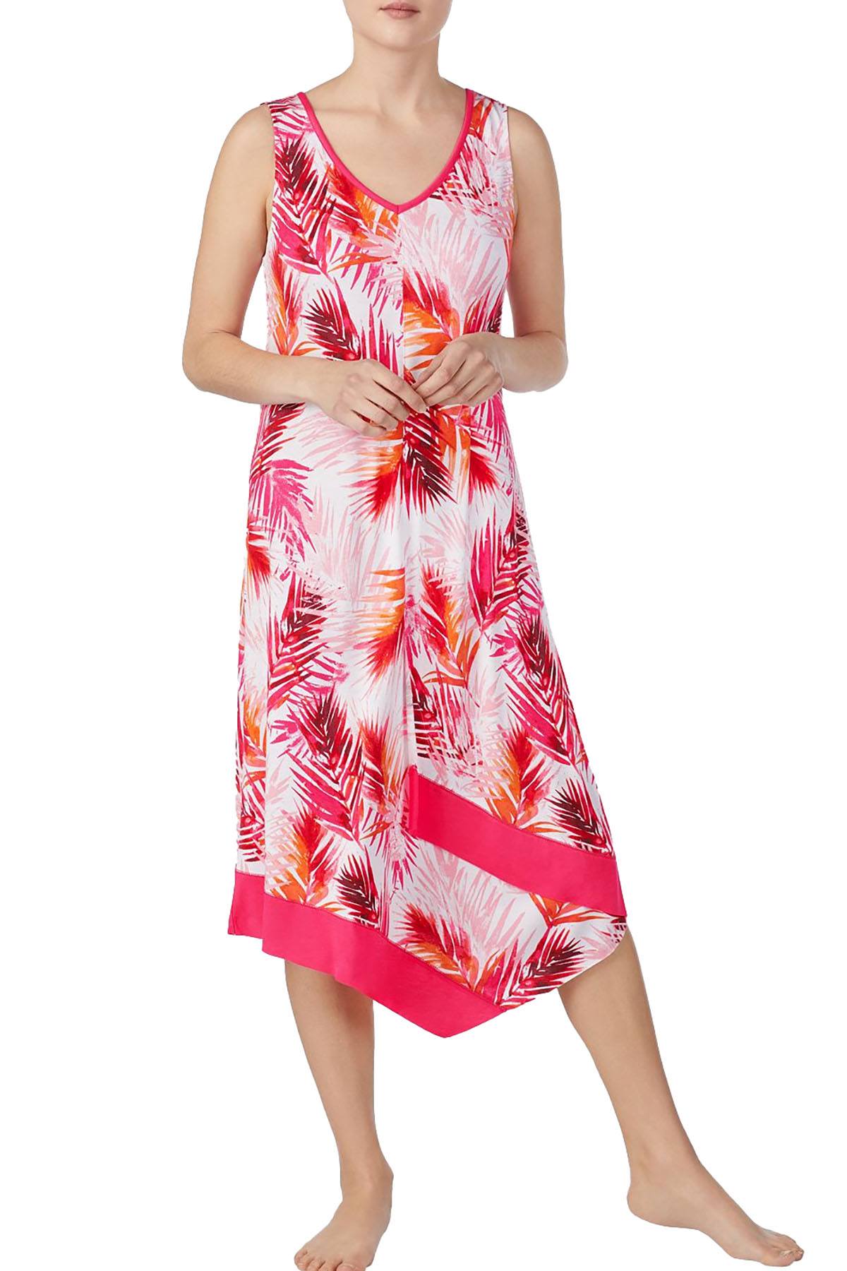 Ellen Tracy Printed Asymmetrical Midi Nightgown in White/Pink