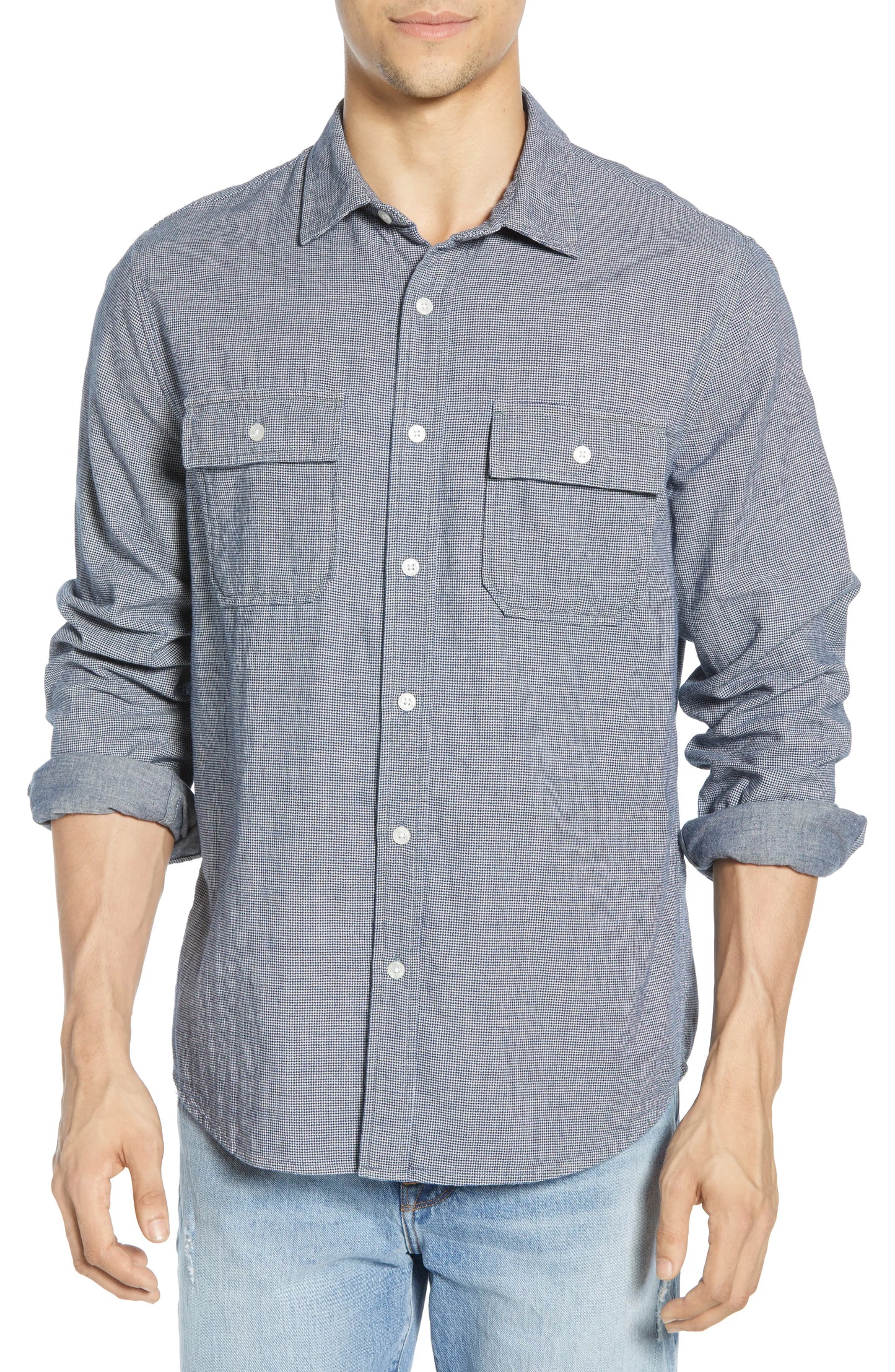 FRAME Men's Frame Classic Fit Houndstooth Sport Shirt Blue