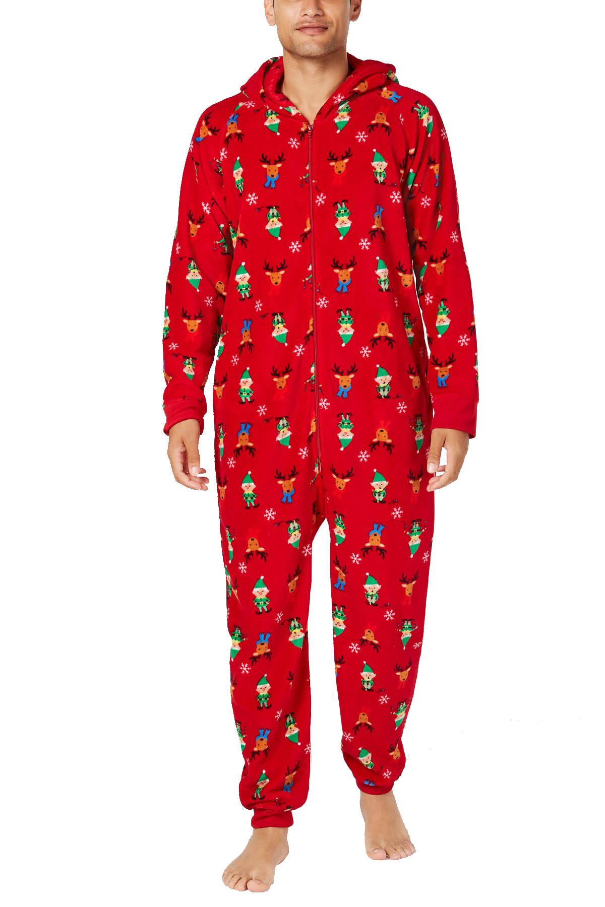 Family PJs Men Red Elf Printed Hooded Pajama Onesie CheapUndies