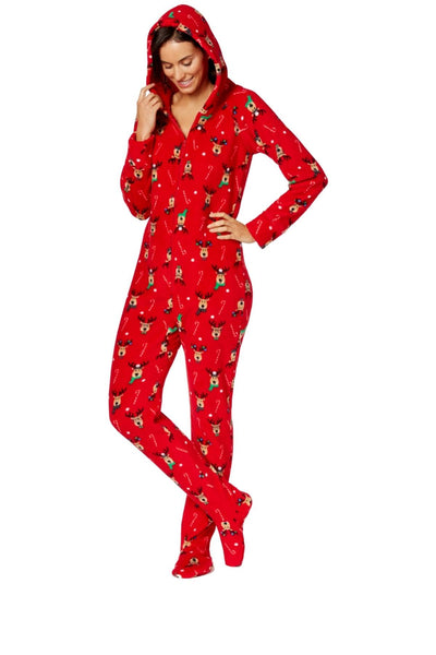 Family PJs Red/Reindeer Holiday Hooded/Footed Pajama Jumpsuit