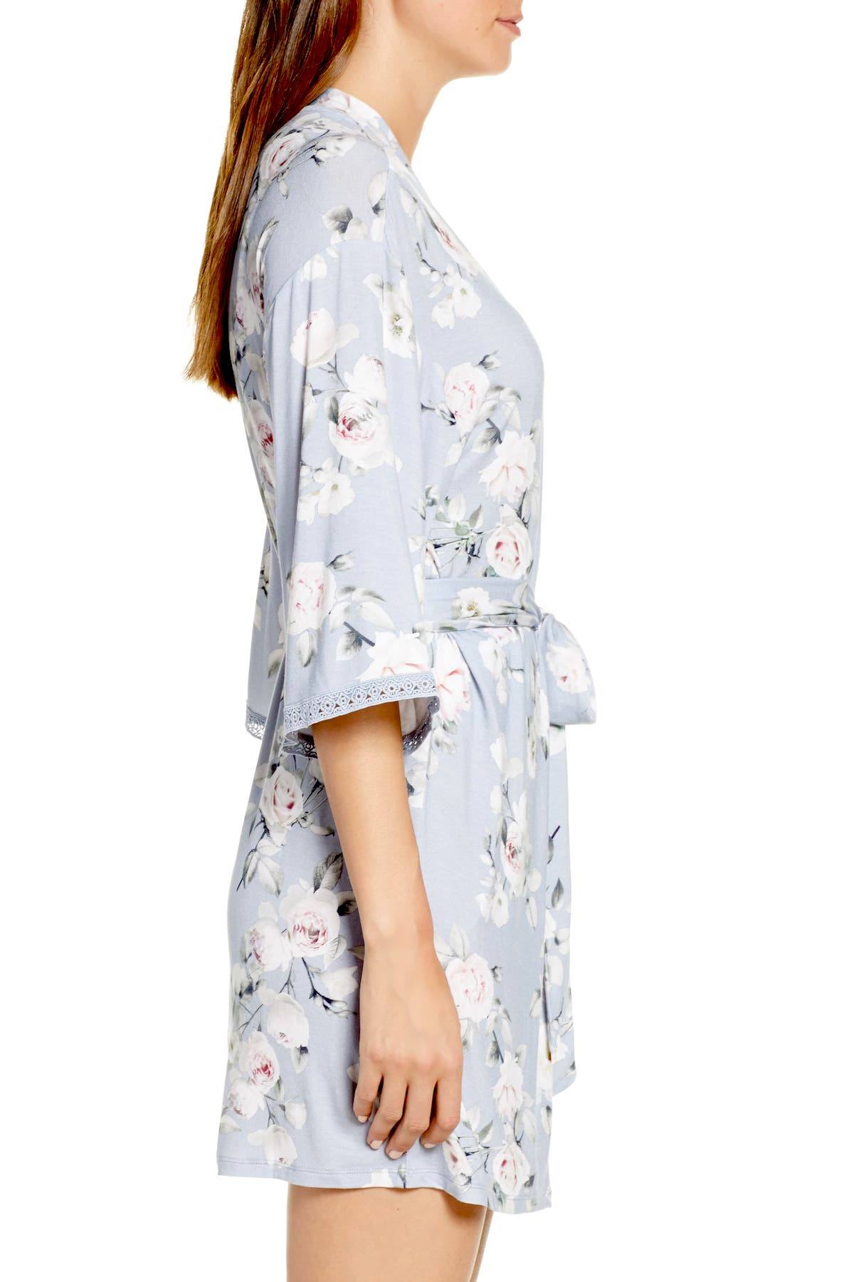Flora Nikrooz Gray Lucca Floral Knit Kimono Wrap Robe