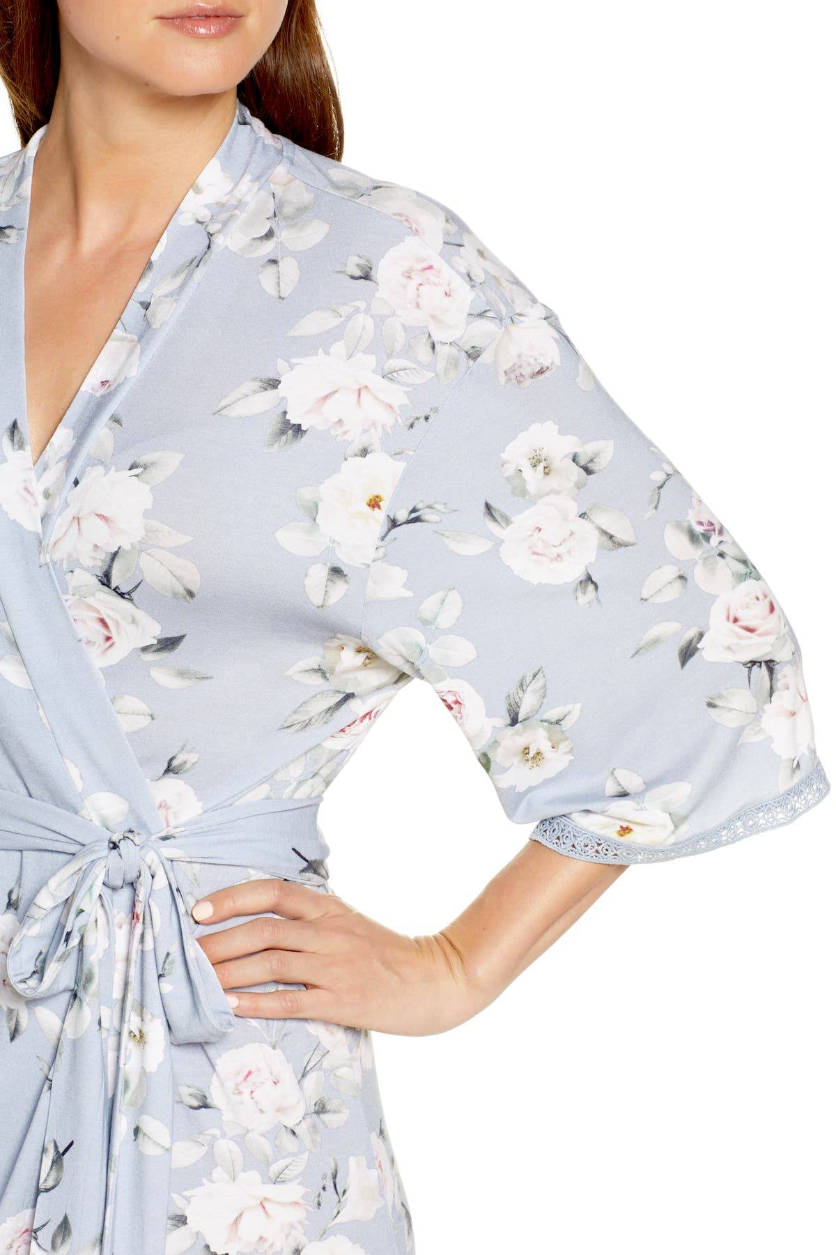 Flora Nikrooz Gray Lucca Floral Knit Kimono Wrap Robe