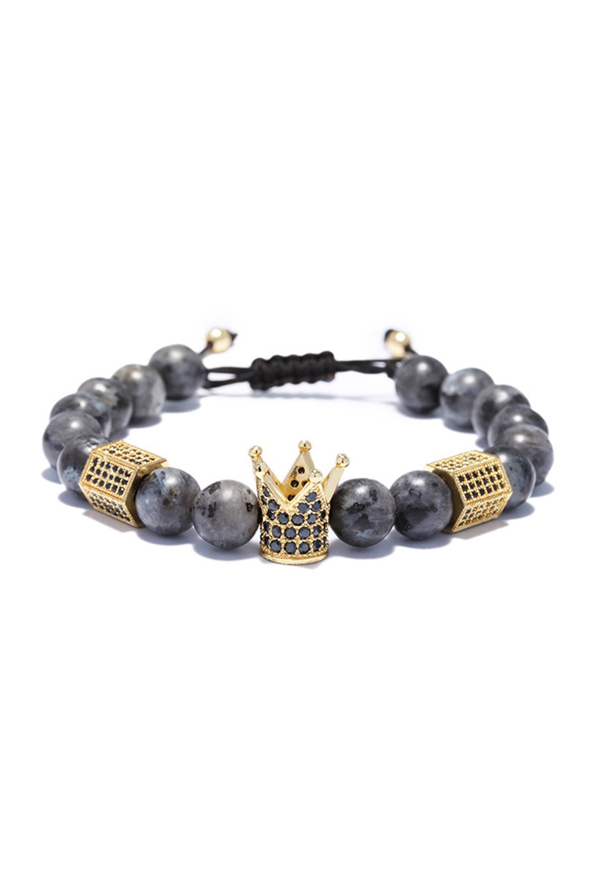Gold/Grey Marbled Stone Imperial Crown Beaded Charm Bracelet