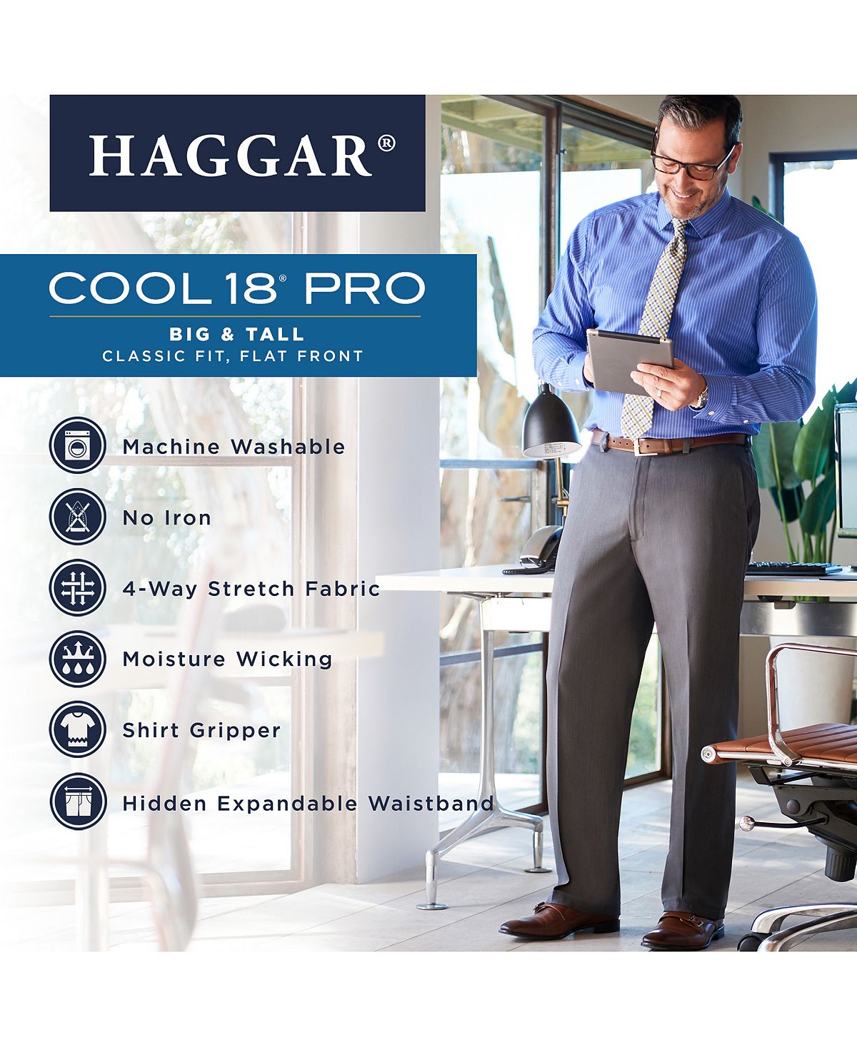 Haggar Big & Tall Cool 18pro Classic-fit Expandable Waist Flat Front Stretch Dress Pants Navy