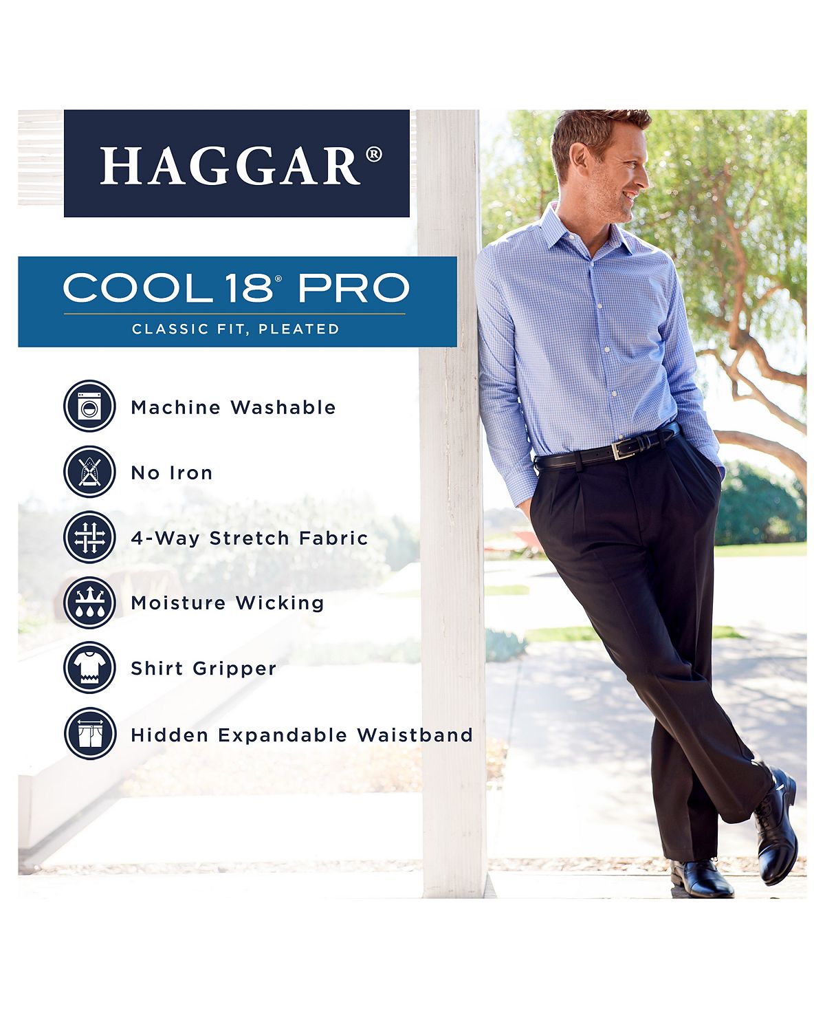 Haggar Cool 18 Pro Classic-fit Expandable Waist Pleated Stretch Dress Pants Black