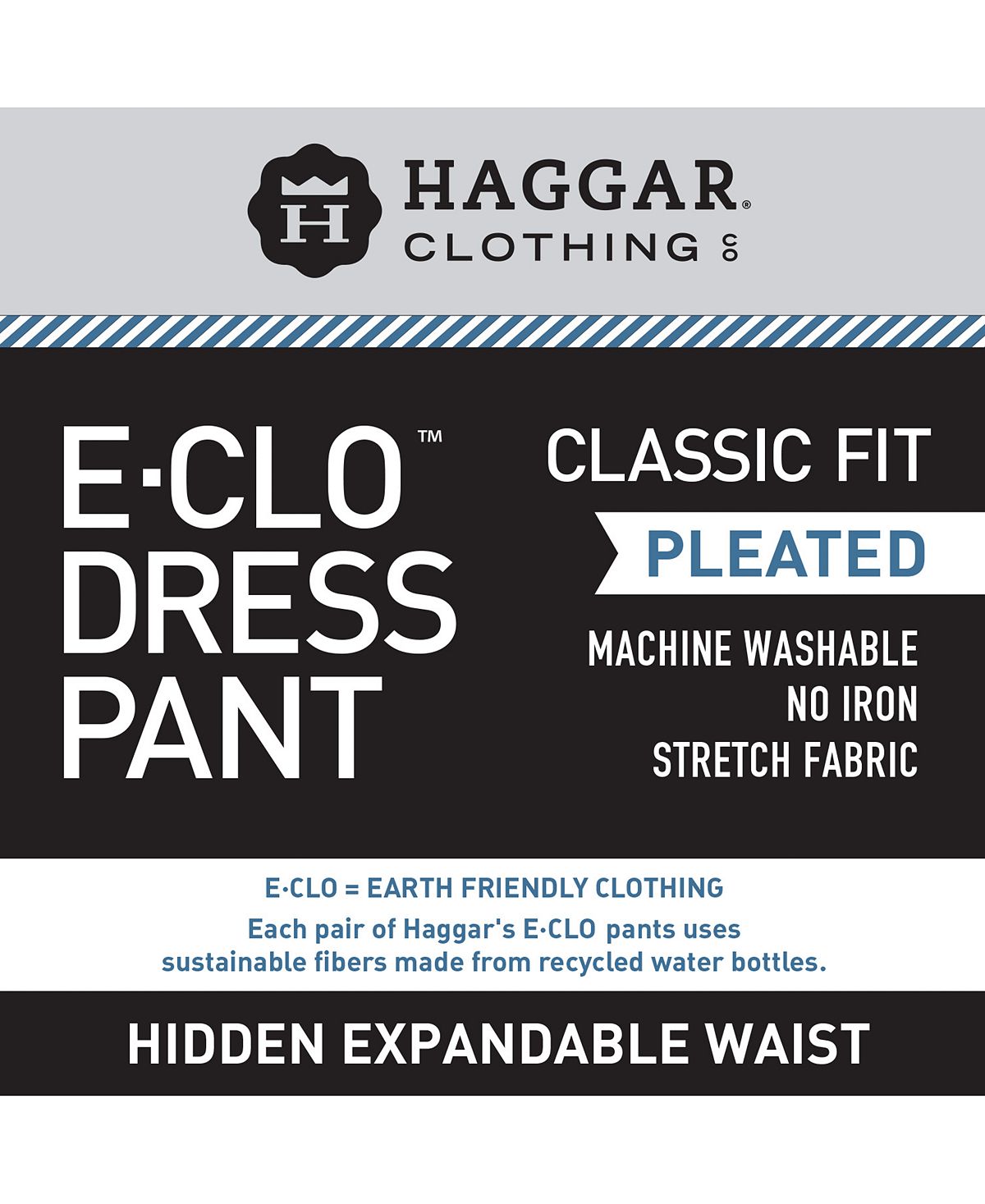 Haggar Eclo Stria Classic Fit Pleated Hidden Expandable Waistband Dress Pants Med Grey