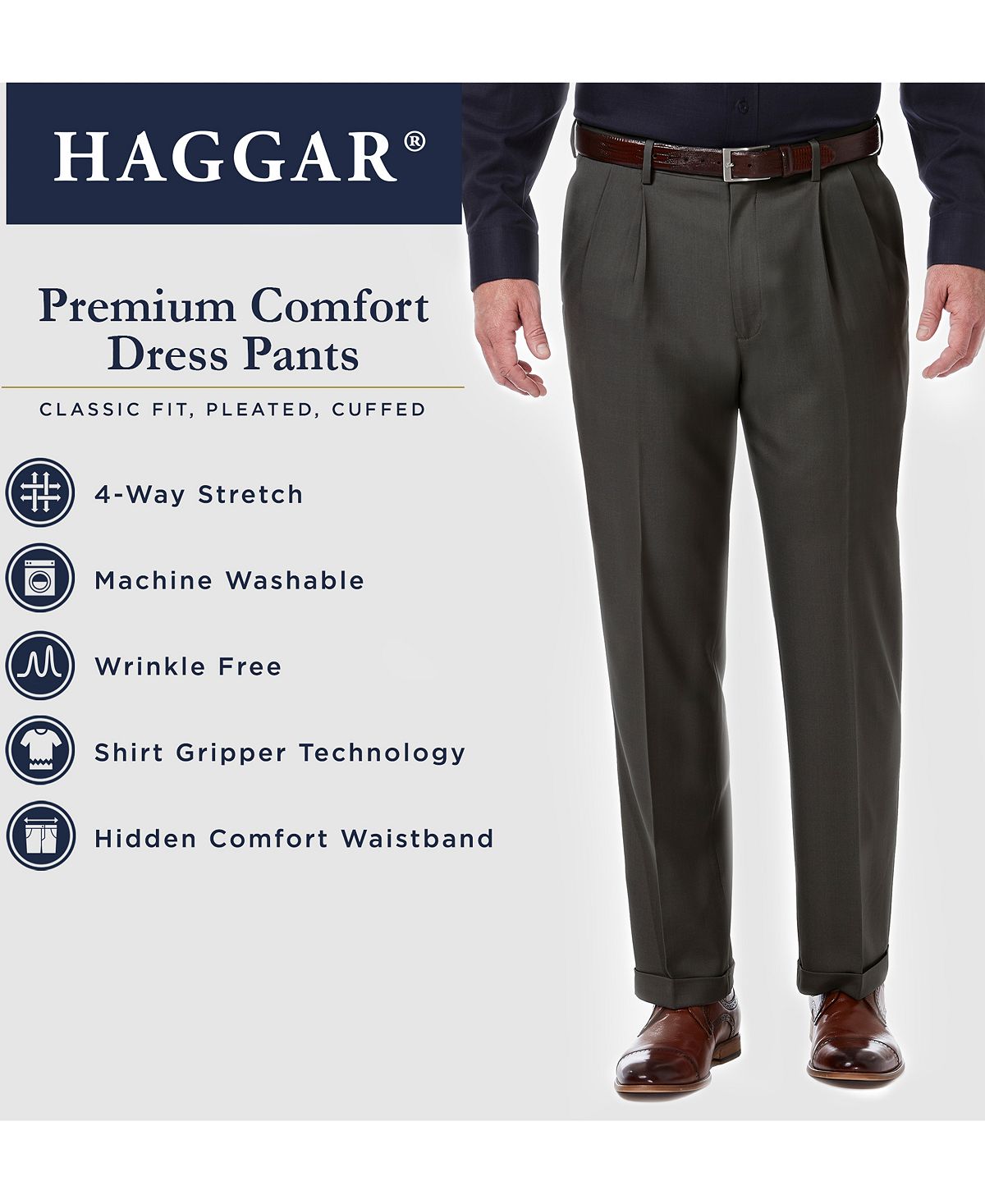 Haggar Premium Comfort Stretch Classic-fit Solid Pleated Dress Pants Black