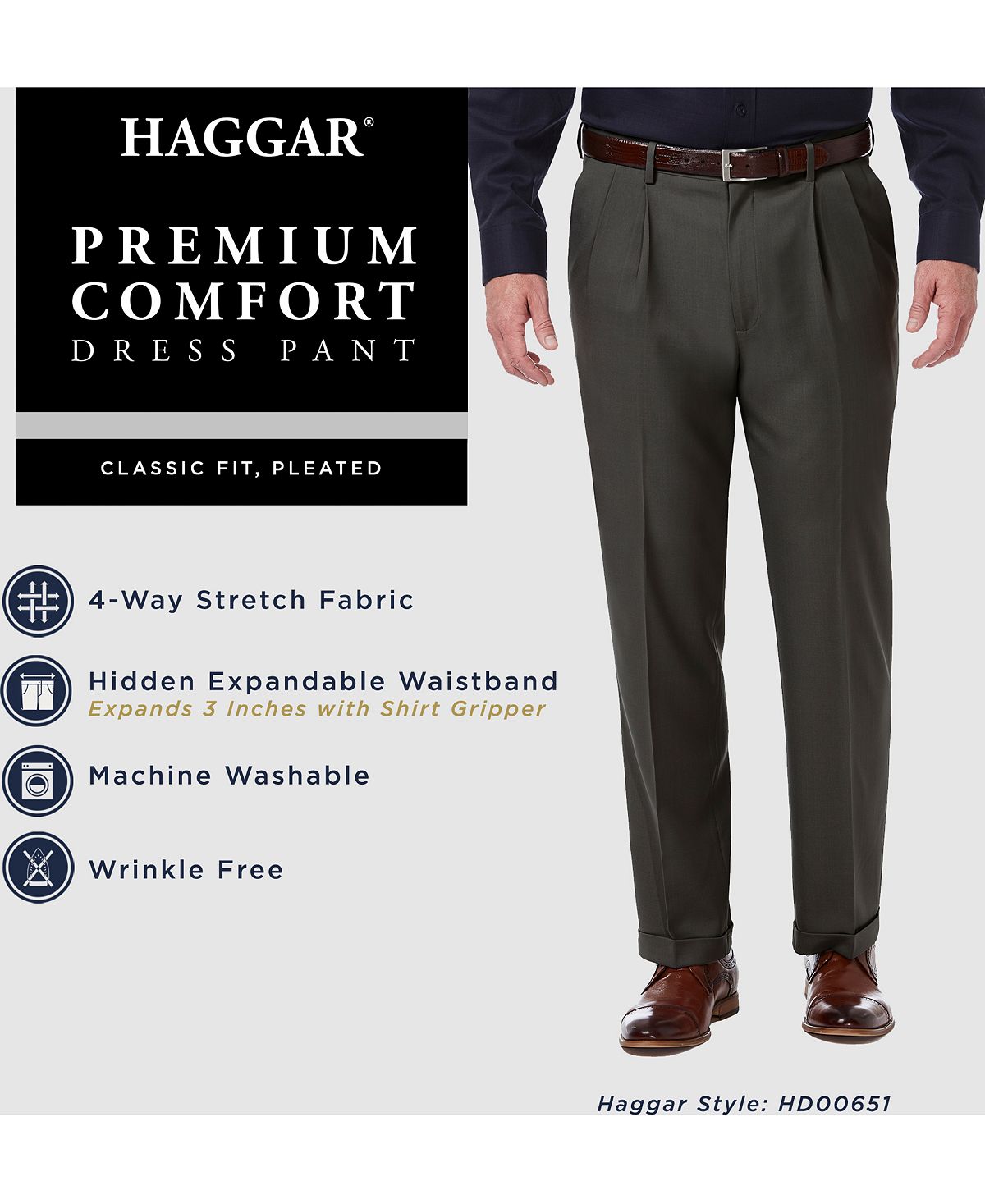 Haggar Premium Comfort Stretch Classic-fit Solid Pleated Dress Pants Black