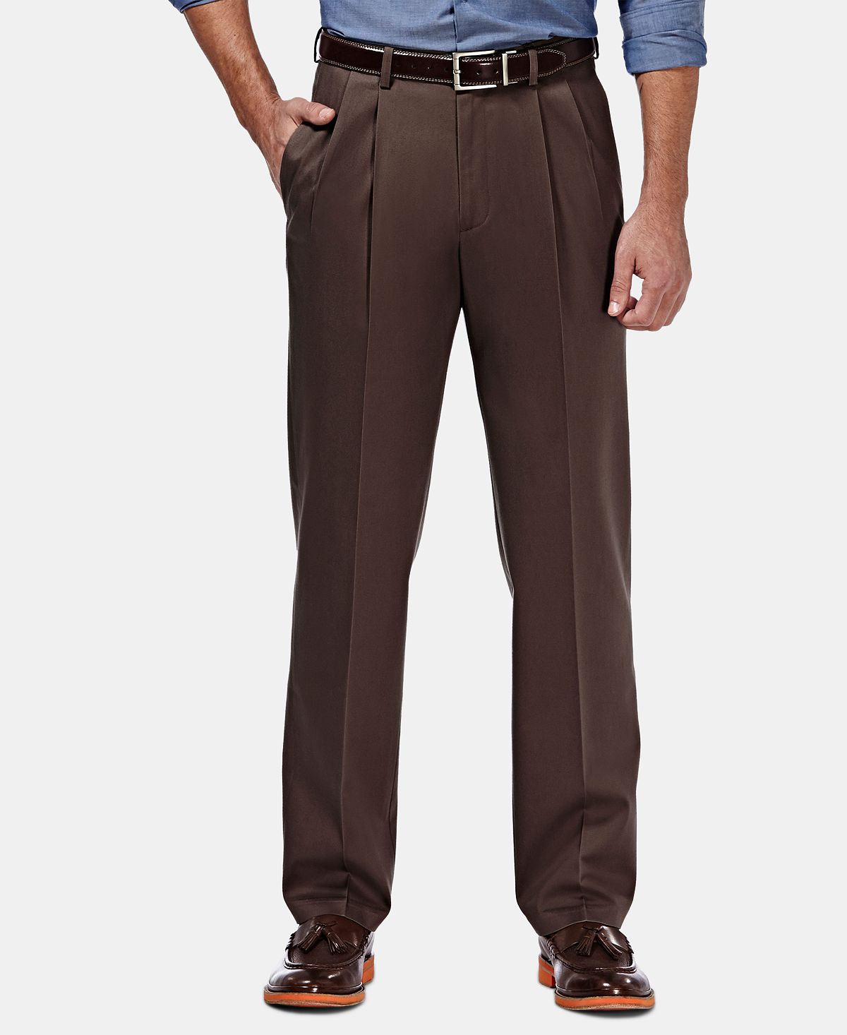 Haggar Premium No Iron Khaki Classic Fit Pleat Hidden Expandable Waist Pants Chocolate