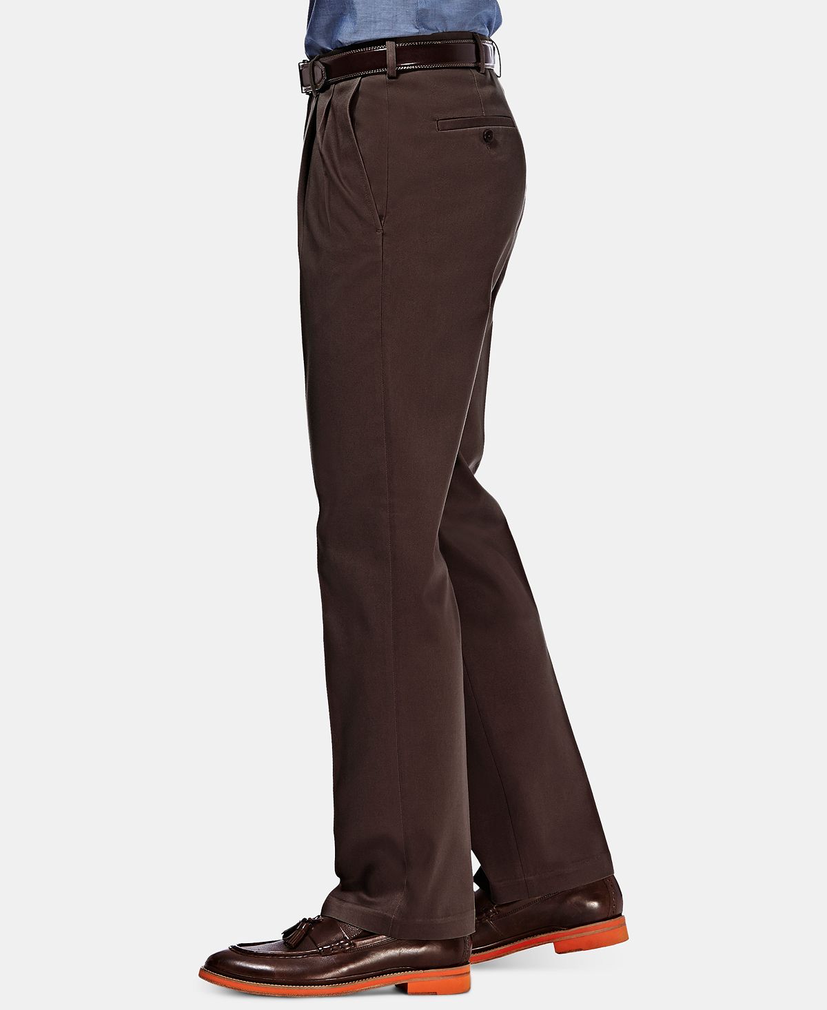 Haggar Premium No Iron Khaki Classic Fit Pleat Hidden Expandable Waist Pants Chocolate