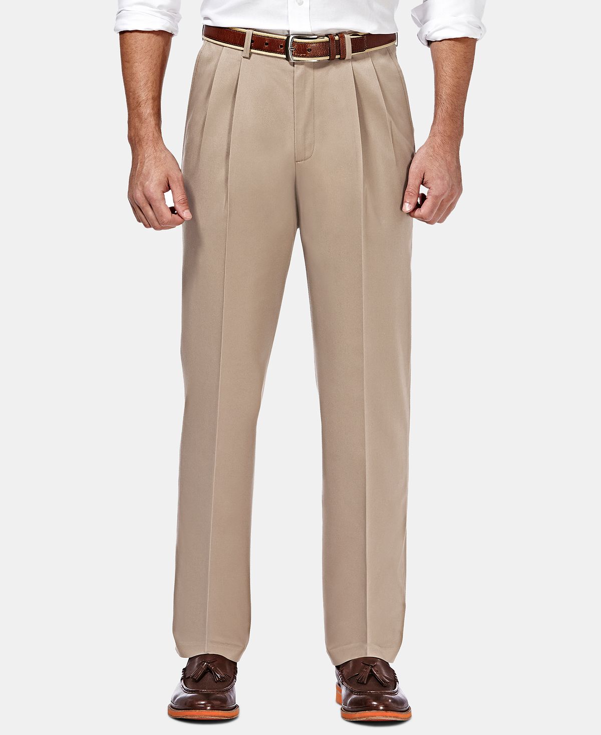 Haggar premium no iron khaki classic fit pleat hidden expandable waist