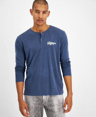 Heroes Motors Classic Seven Graphic Long-sleeve Henley Shirt Blue