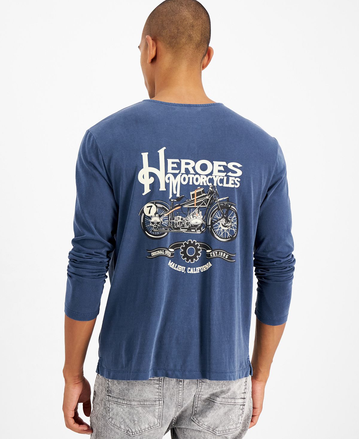 Heroes Motors Classic Seven Graphic Long-sleeve Henley Shirt Blue