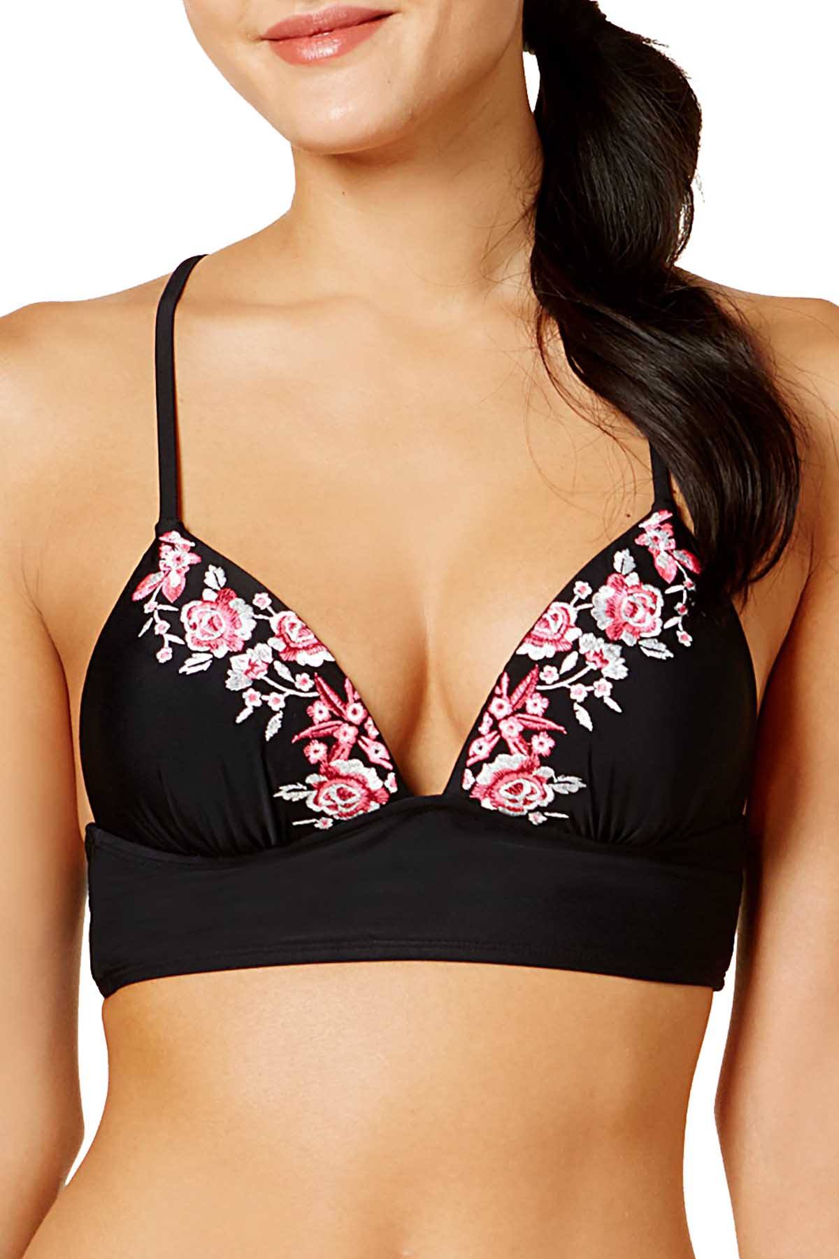 Hula Honey Flourishing Bloom Embroidered Push-Up Midkini Top in Black