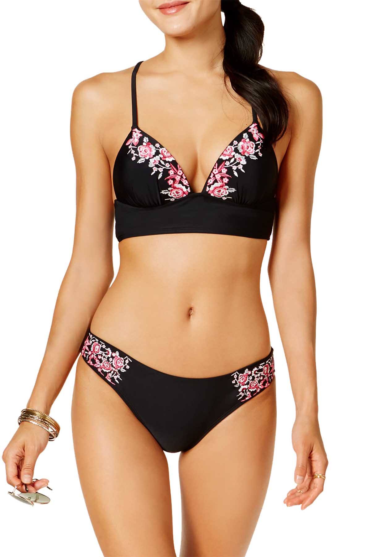Hula Honey Flourishing Bloom Embroidered Push-Up Midkini Top in Black
