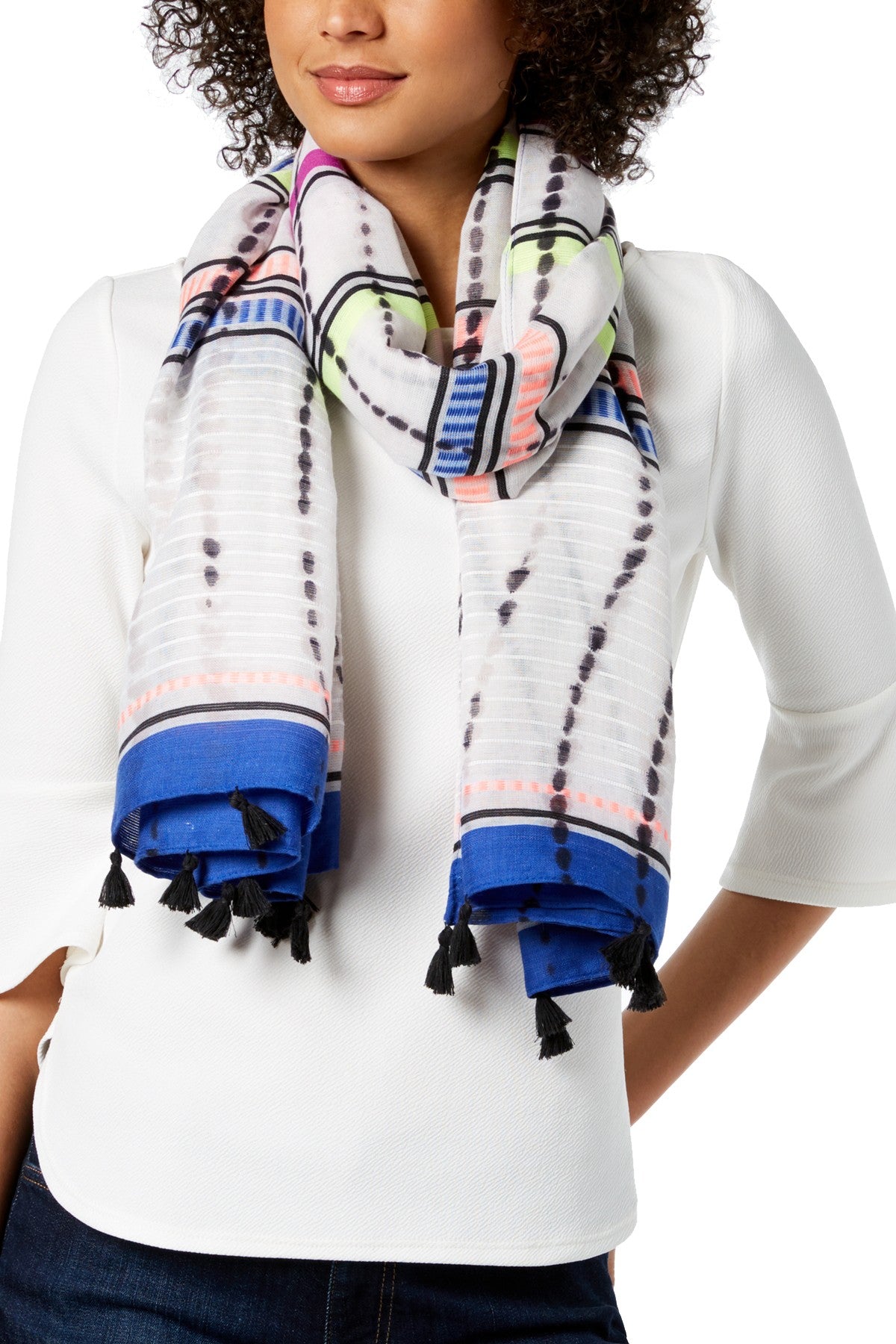 INC International Concepts Black/Bright Dye-Wash Striped Tassel Wrap / Sarong / Scarf