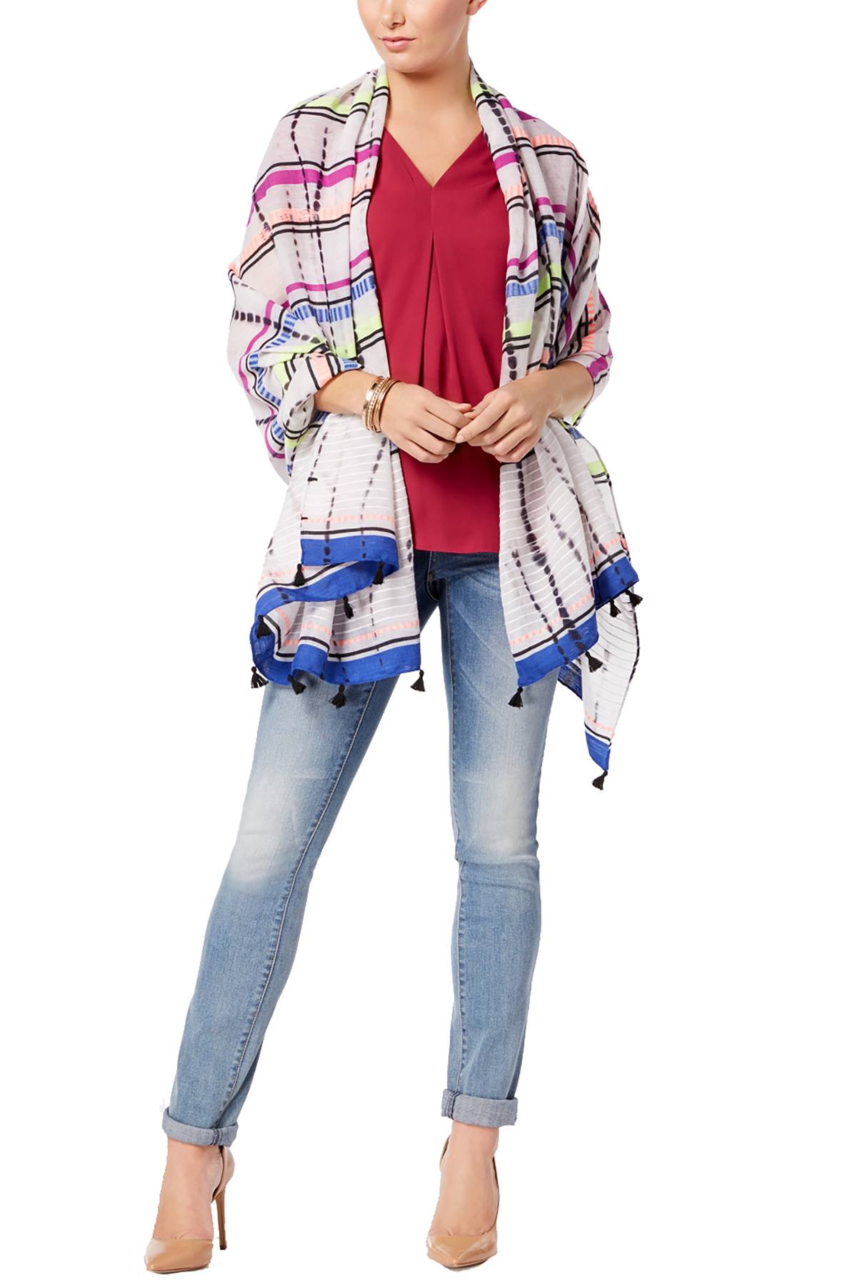 INC International Concepts Black/Bright Dye-Wash Striped Tassel Wrap / Sarong / Scarf