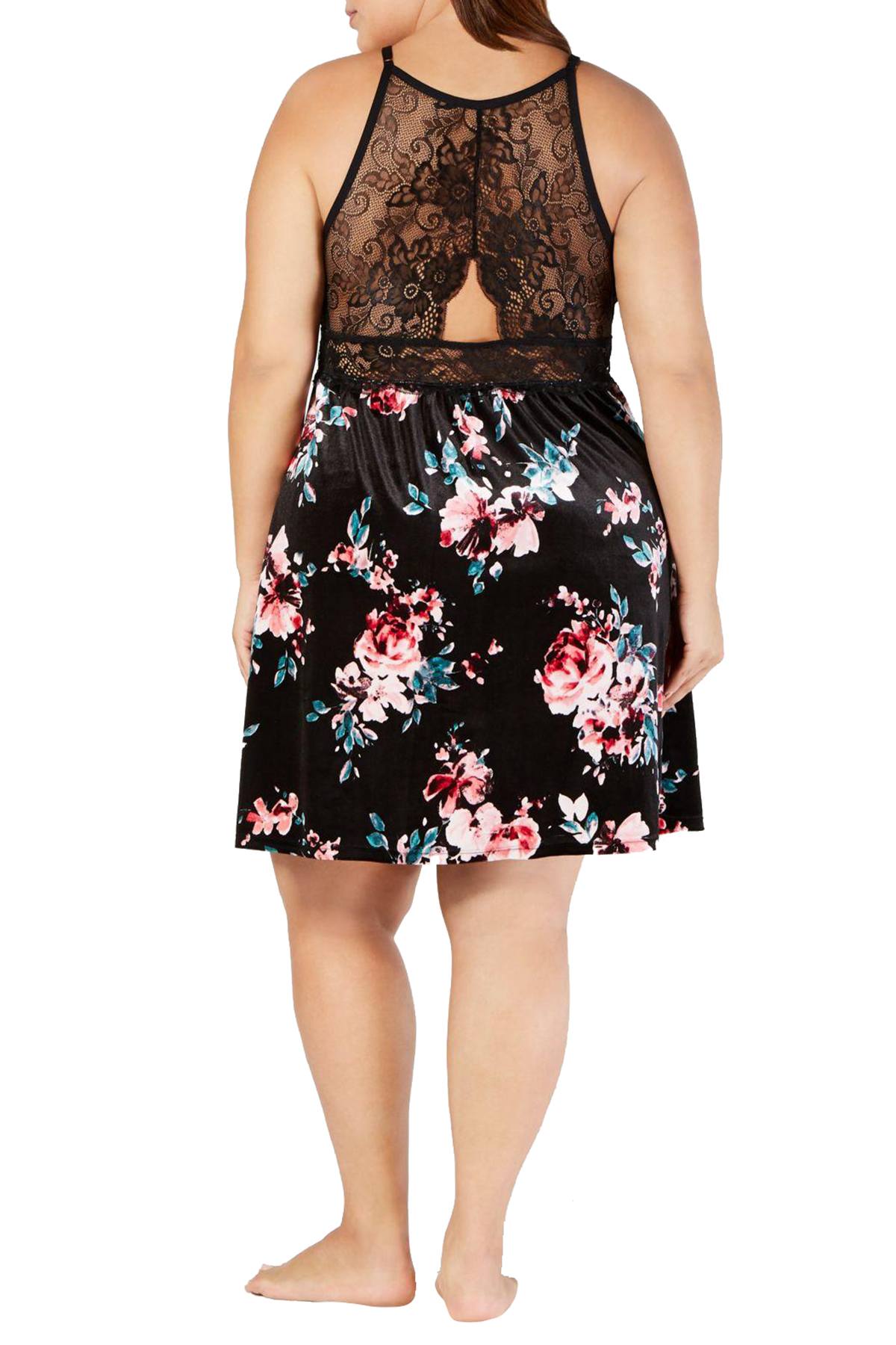 INC International Concepts PLUS Black Blossom Printed Velvet/Lace Chemise