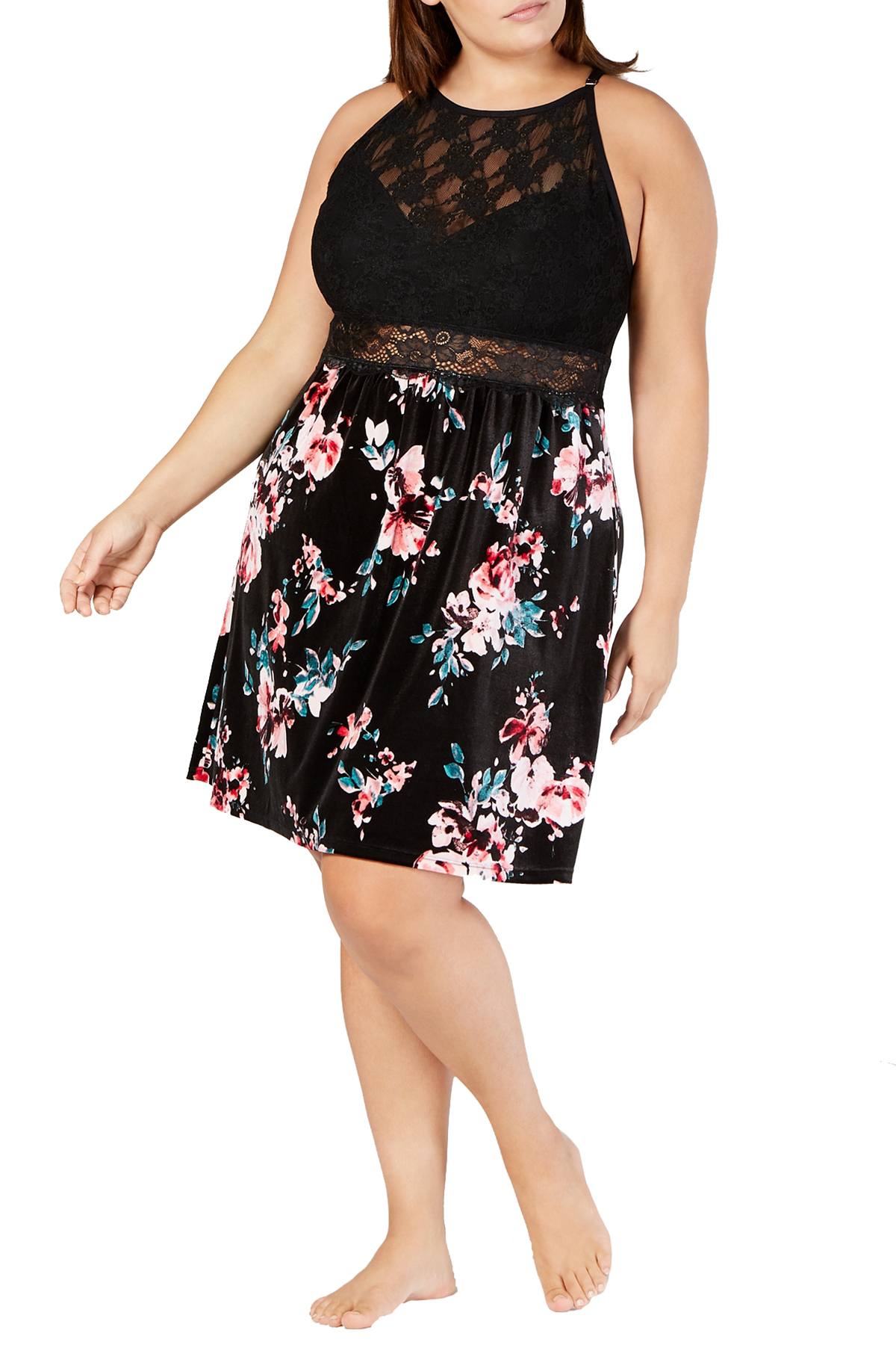 INC International Concepts PLUS Black Blossom Printed Velvet/Lace Chemise