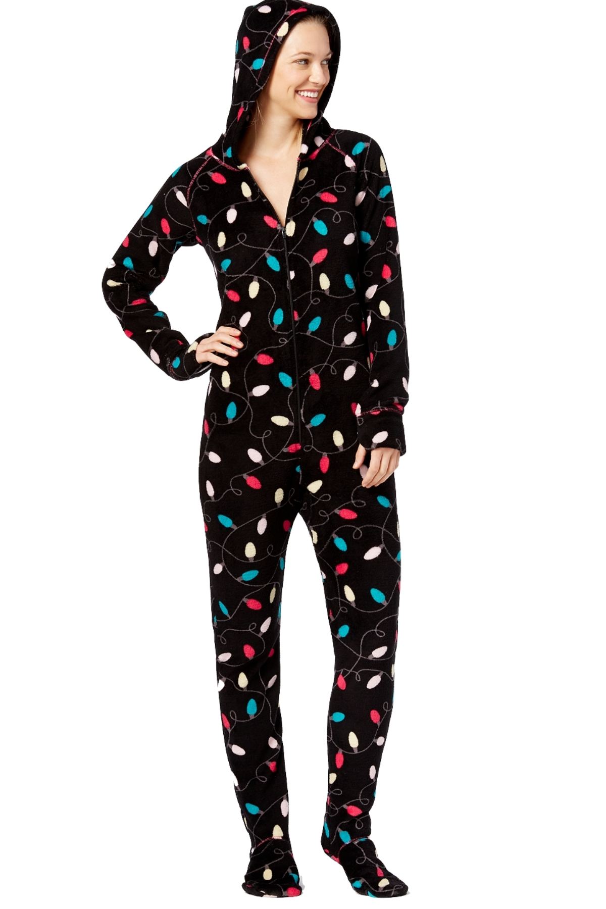 Jenni By Jennifer Moore Black String-of-Light Hooded/Footed Printed Pajama Jumpsuit
