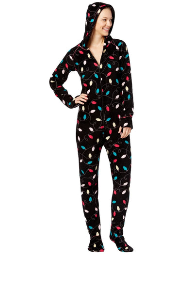 Jenni By Jennifer Moore Black String-of-Light Hooded/Footed Printed Pajama Jumpsuit