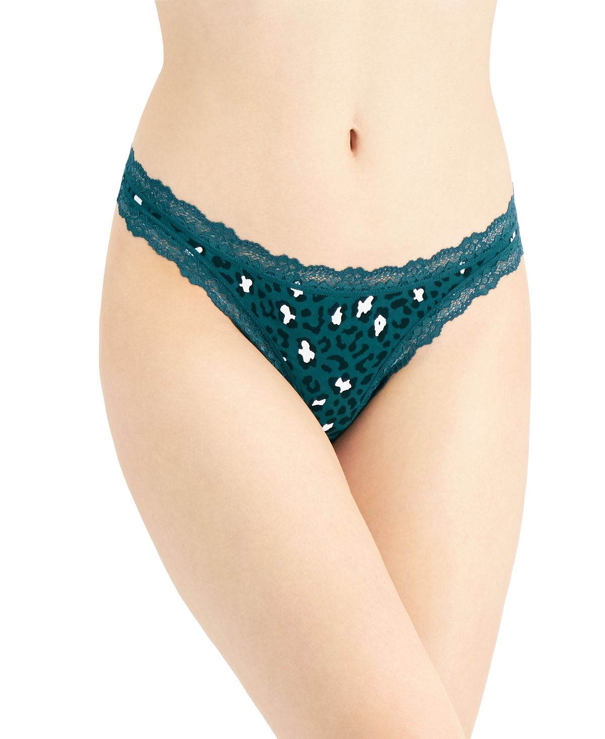 Jenni Wo Lace-trim Thong Green Leopard