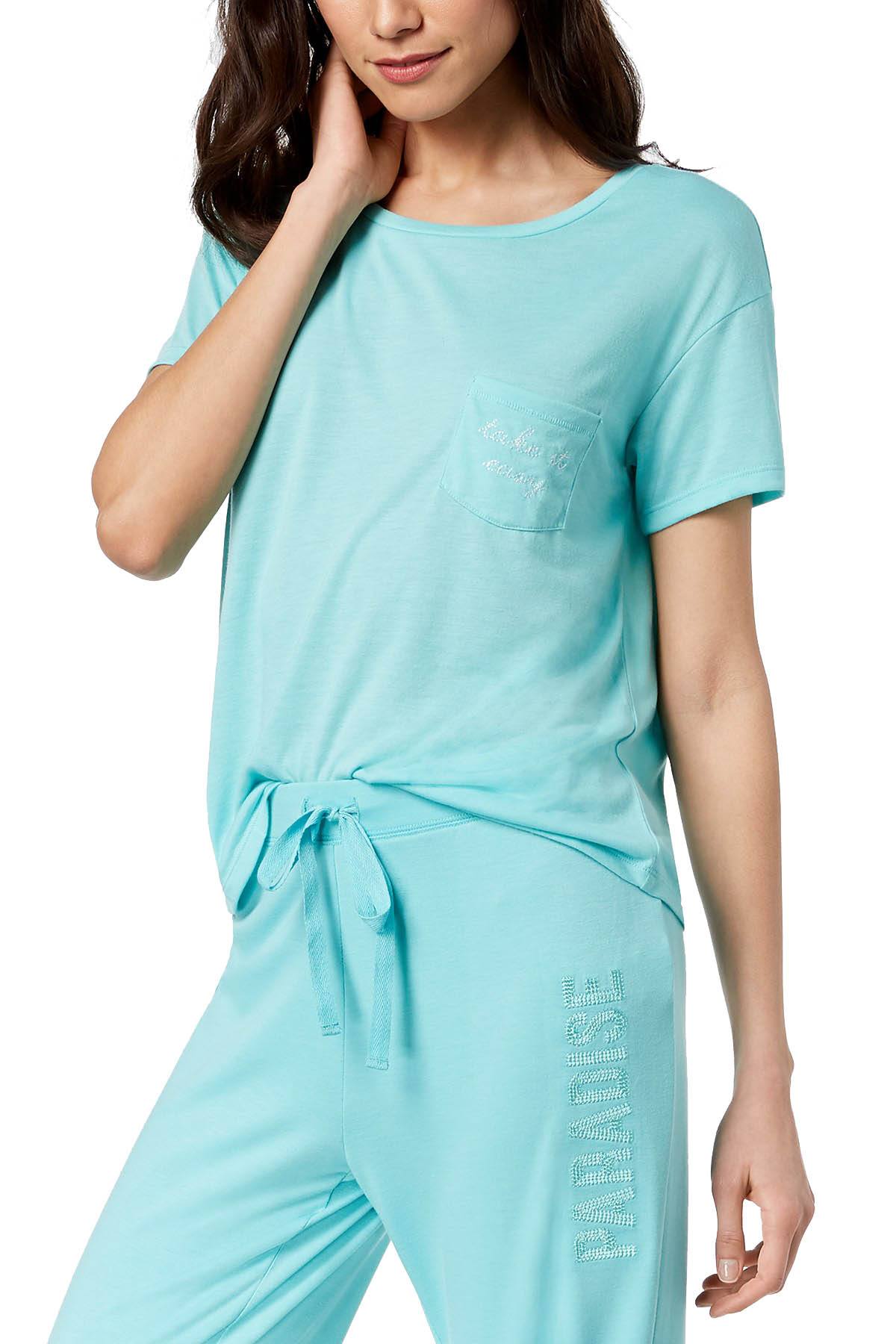 Jenni by Jennifer Moore Aqua Embroidered Text Pocket Tee