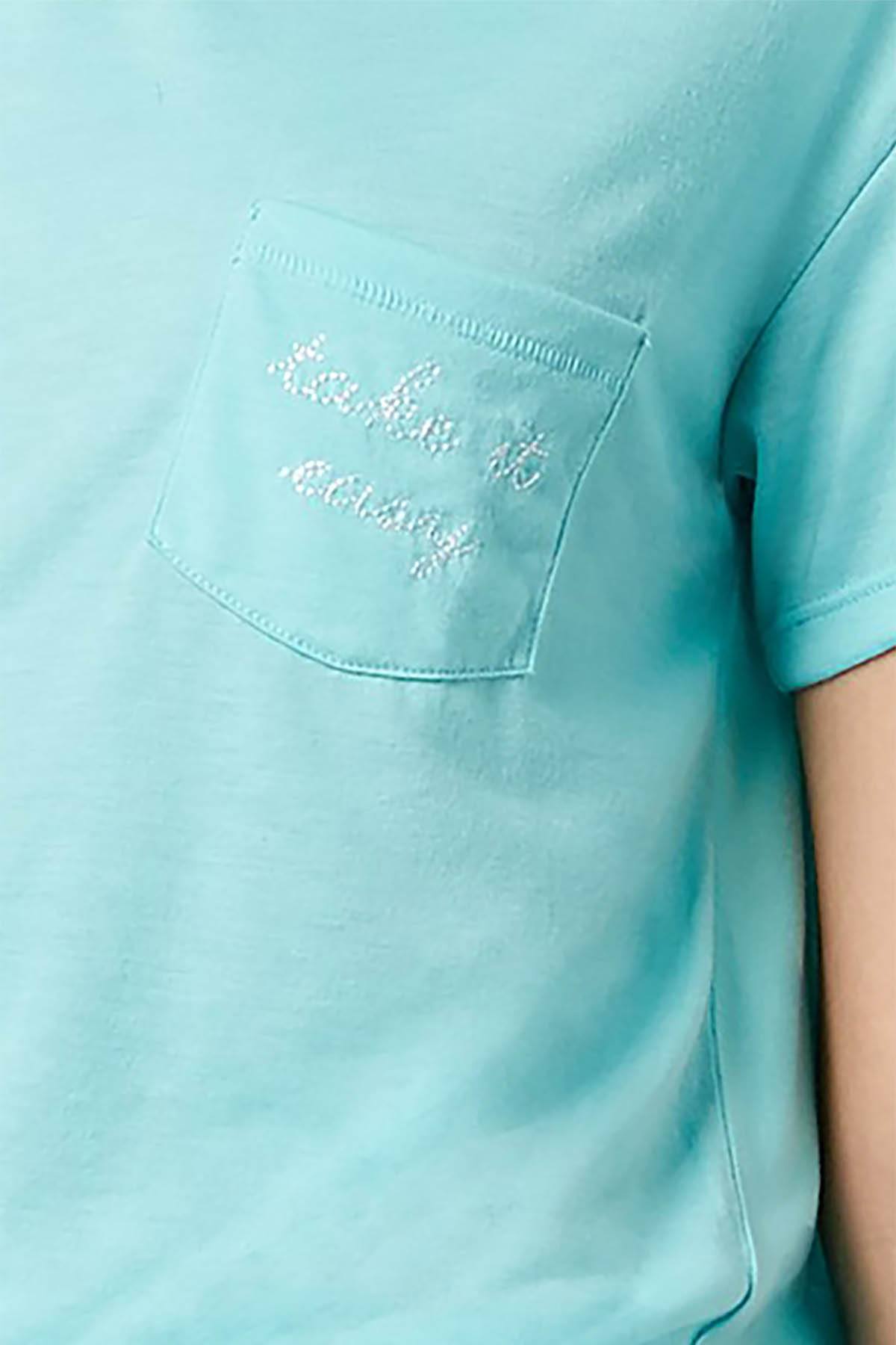 Jenni by Jennifer Moore Aqua Embroidered Text Pocket Tee