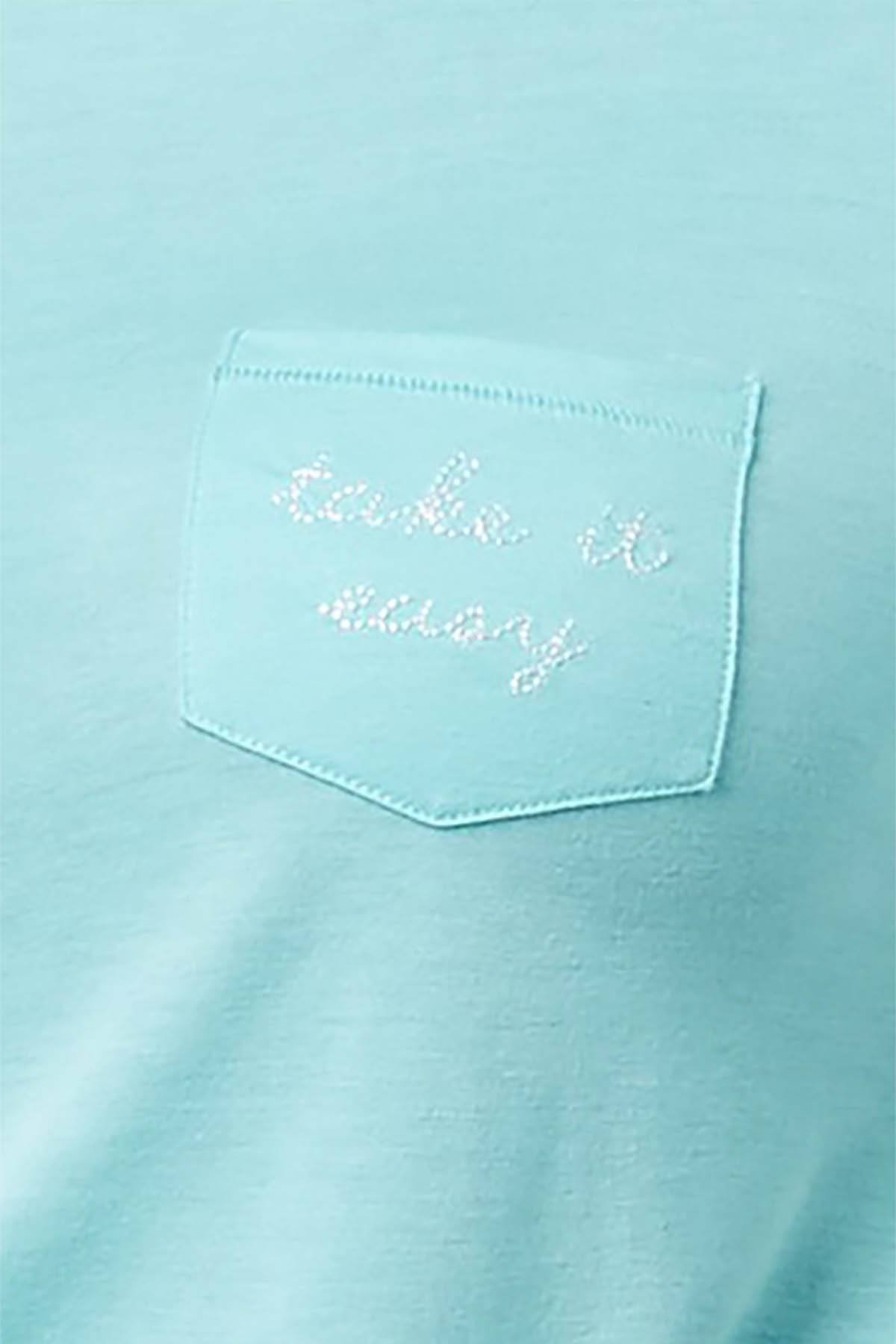 Jenni by Jennifer Moore Aqua Embroidered Text Pocket Tee