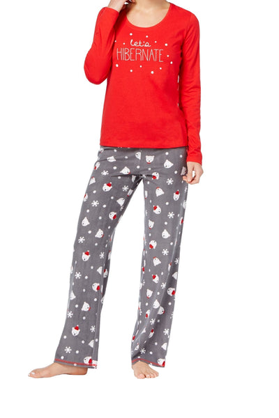 Jenni by Jennifer Moore Red Bear-Dots Printed Top and Fleece Pant PJ Set