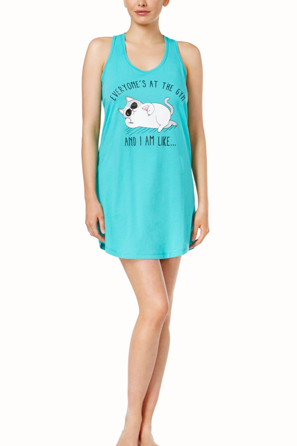 Jenni by Jennifer Moore Teal Knit Graphic-Print Lazy Cat Long Sleep Tank
