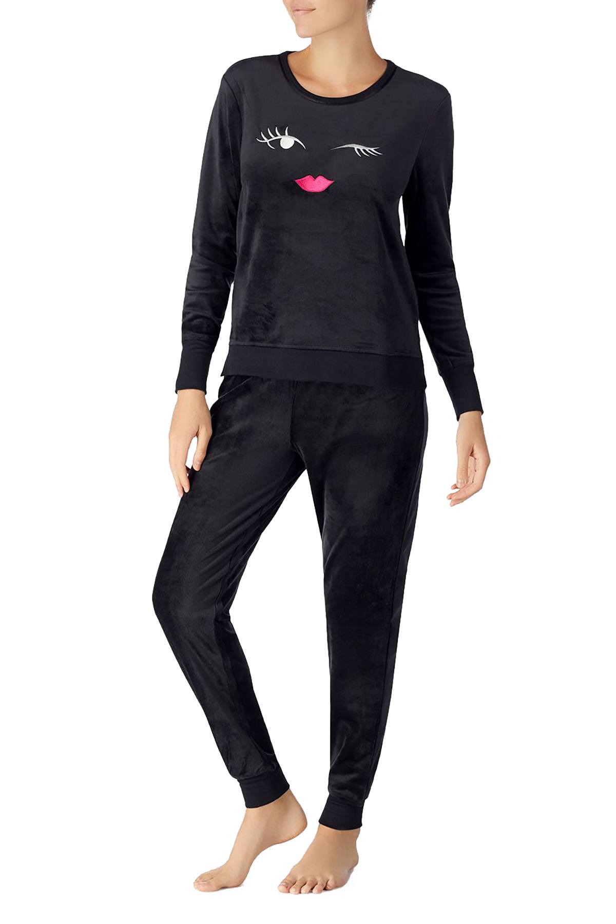 Kate Spade New York Black Stretch-Velour Embroidered Pajama Set