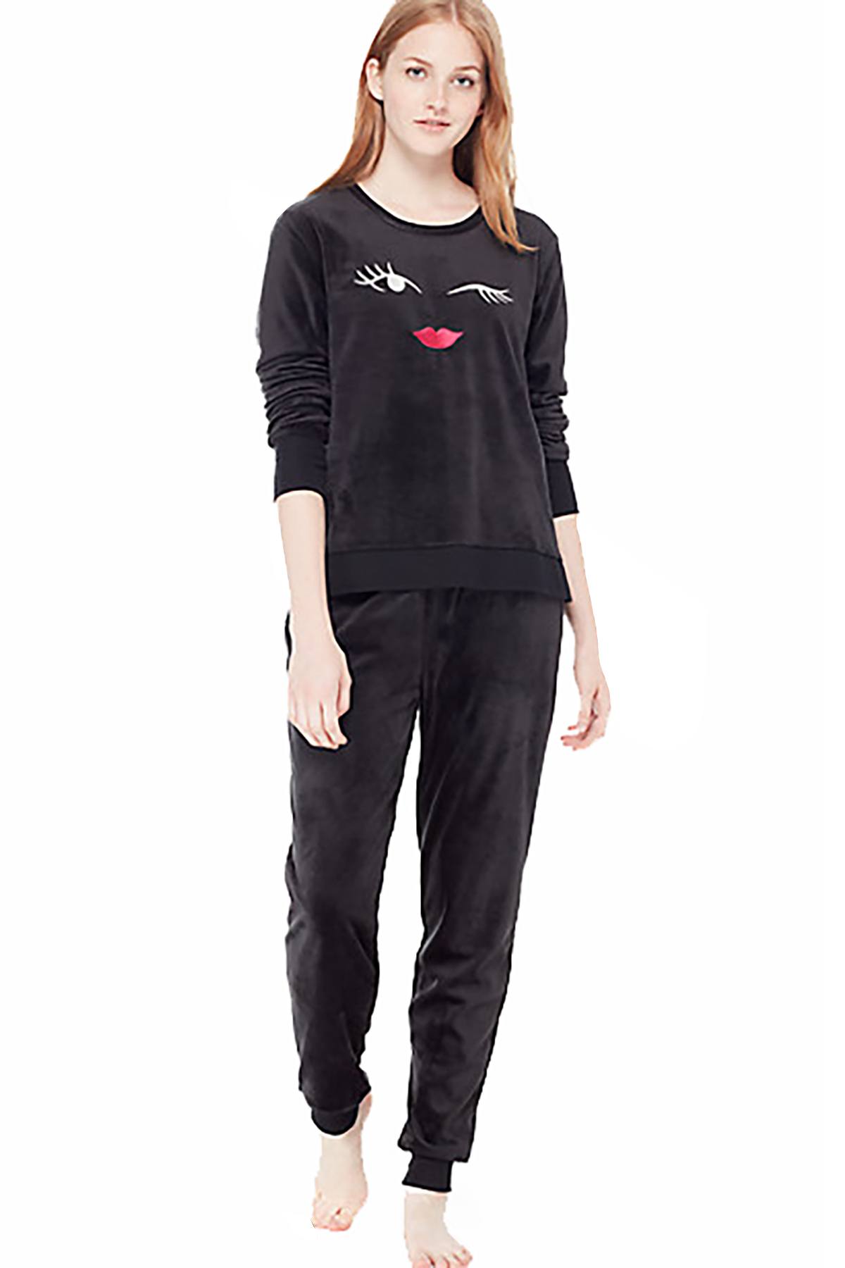 Kate Spade New York Black Stretch-Velour Embroidered Pajama Set