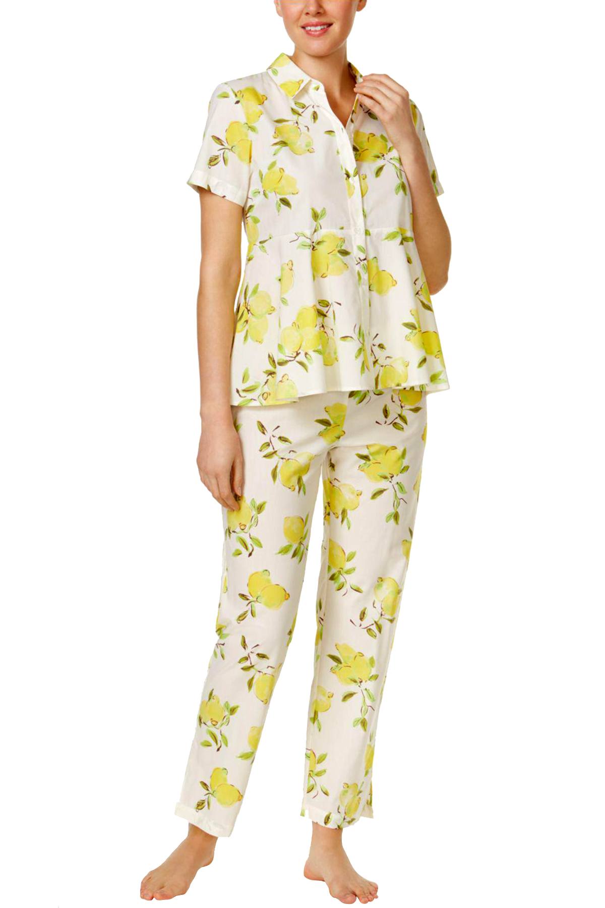 Kate Spade New York Yellow/White Lemon Printed Peplum 2-Pc PJ Set