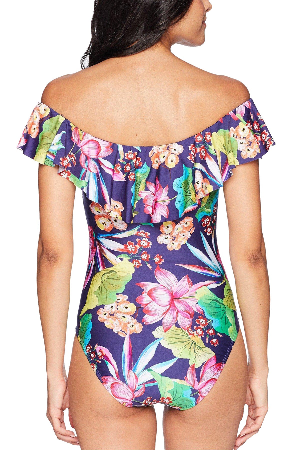 La Blanca Midnight-Blue Bora Bora Printed Off-The-Shoulder Ruffle Tummy-Control One-Piece Swimsuit