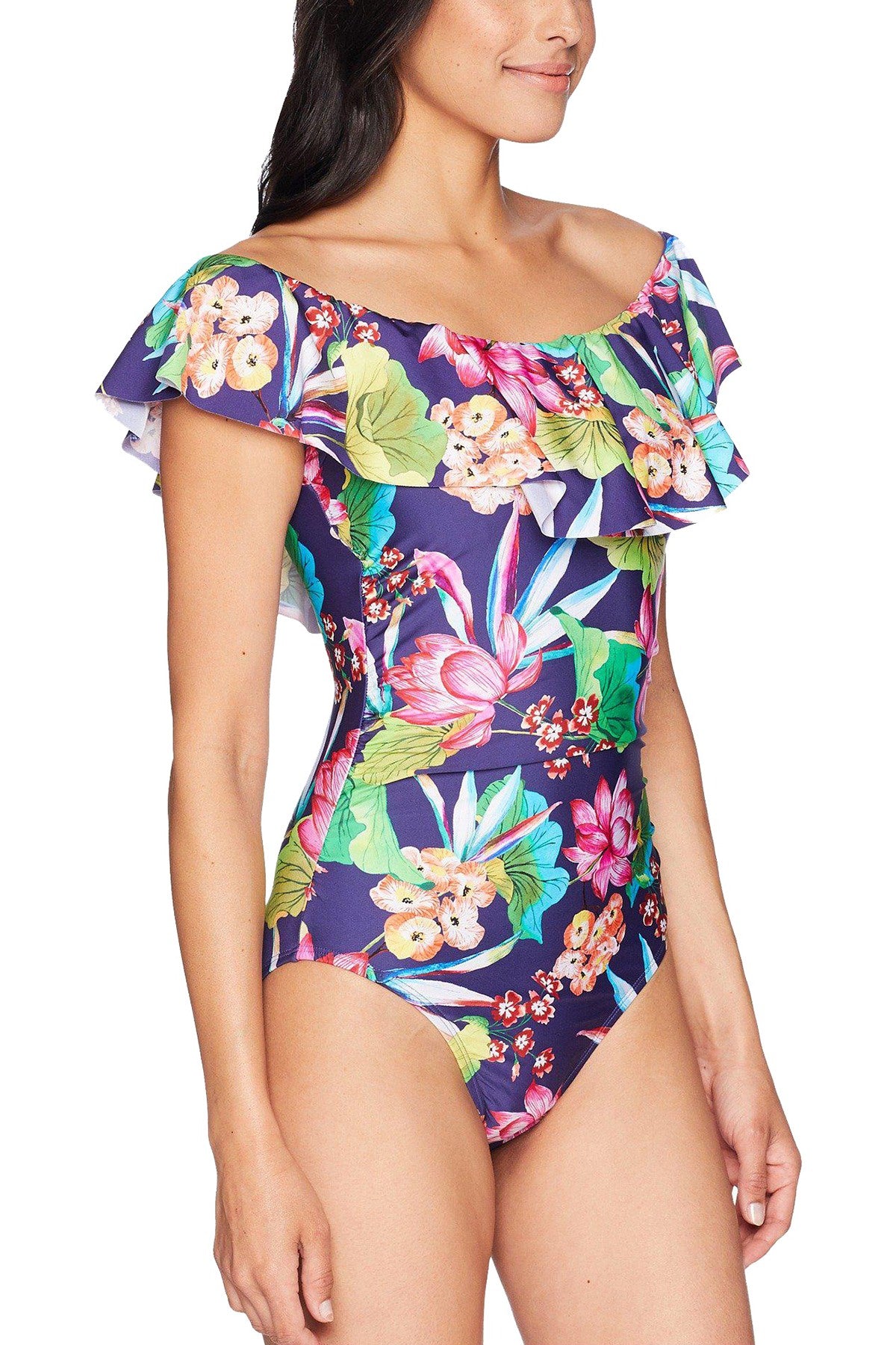 La Blanca Midnight-Blue Bora Bora Printed Off-The-Shoulder Ruffle Tummy-Control One-Piece Swimsuit