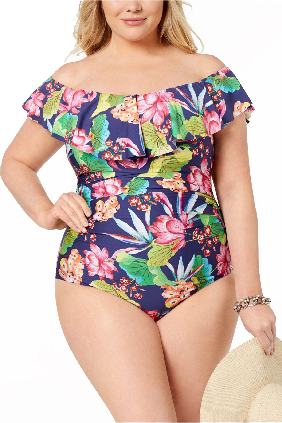 La Blanca Midnight-Blue Bora Bora Printed Off-The-Shoulder Ruffle Tummy-Control One-Piece Swimsuit