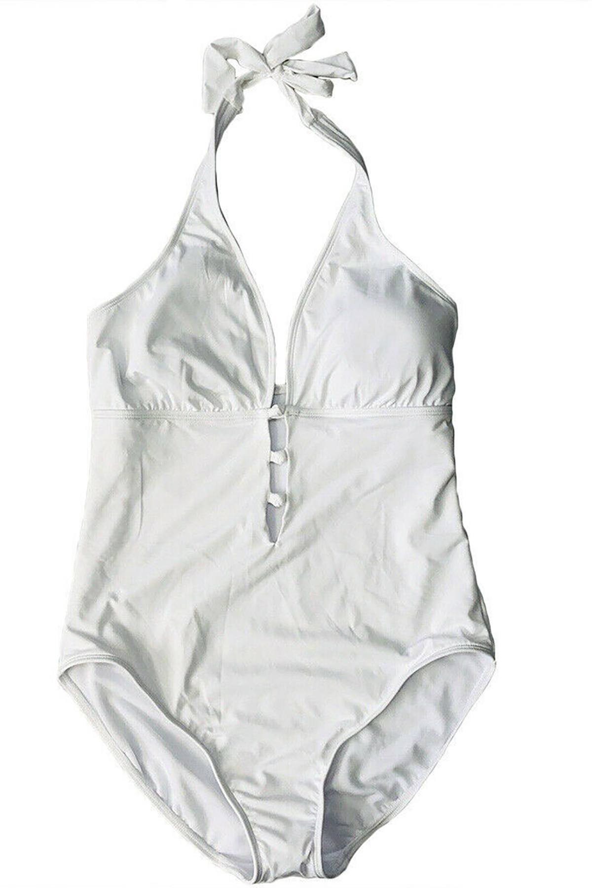 Lauren Ralph Lauren White Lattice Halter Swimsuit