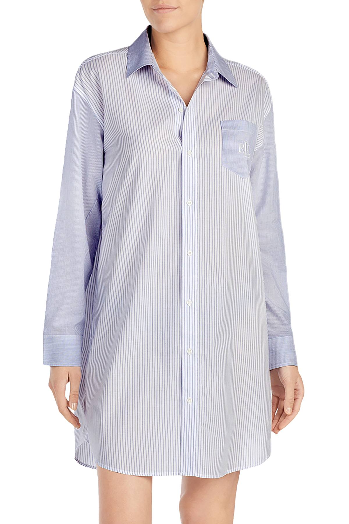 Lauren Ralph Lauren White Striped Logo-Pocket Sleep-Shirt