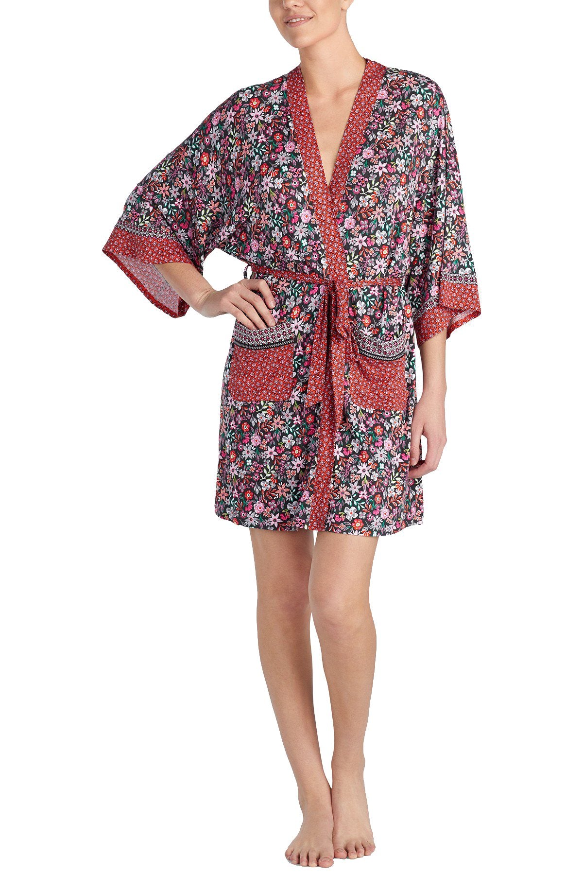 Layla Charcoal Floral Mixed-Print Short Wrap Robe + Headband