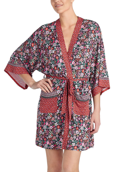 Layla Charcoal Floral Mixed-Print Short Wrap Robe + Headband