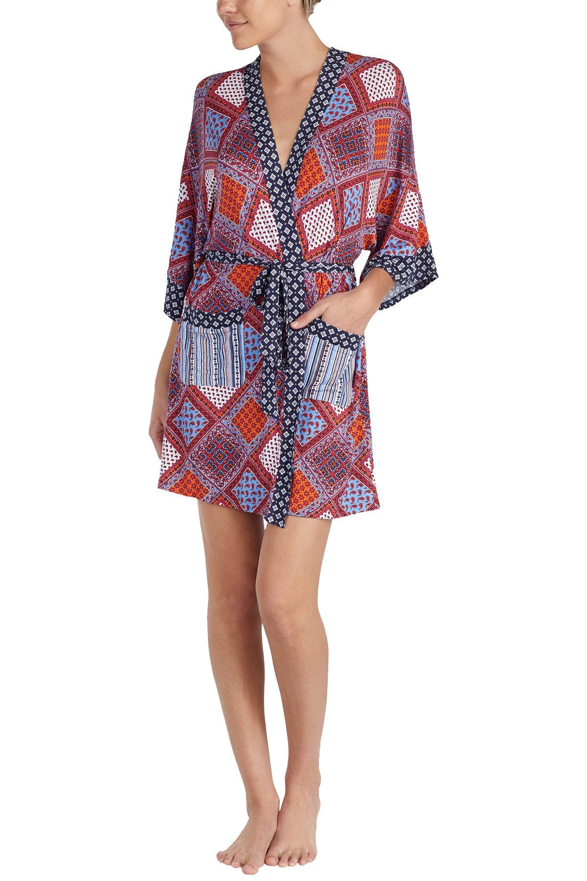 Layla Multi-Red Mixed-Print Short Wrap Robe + Headband