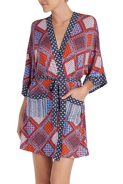 Layla Multi-Red Mixed-Print Short Wrap Robe + Headband