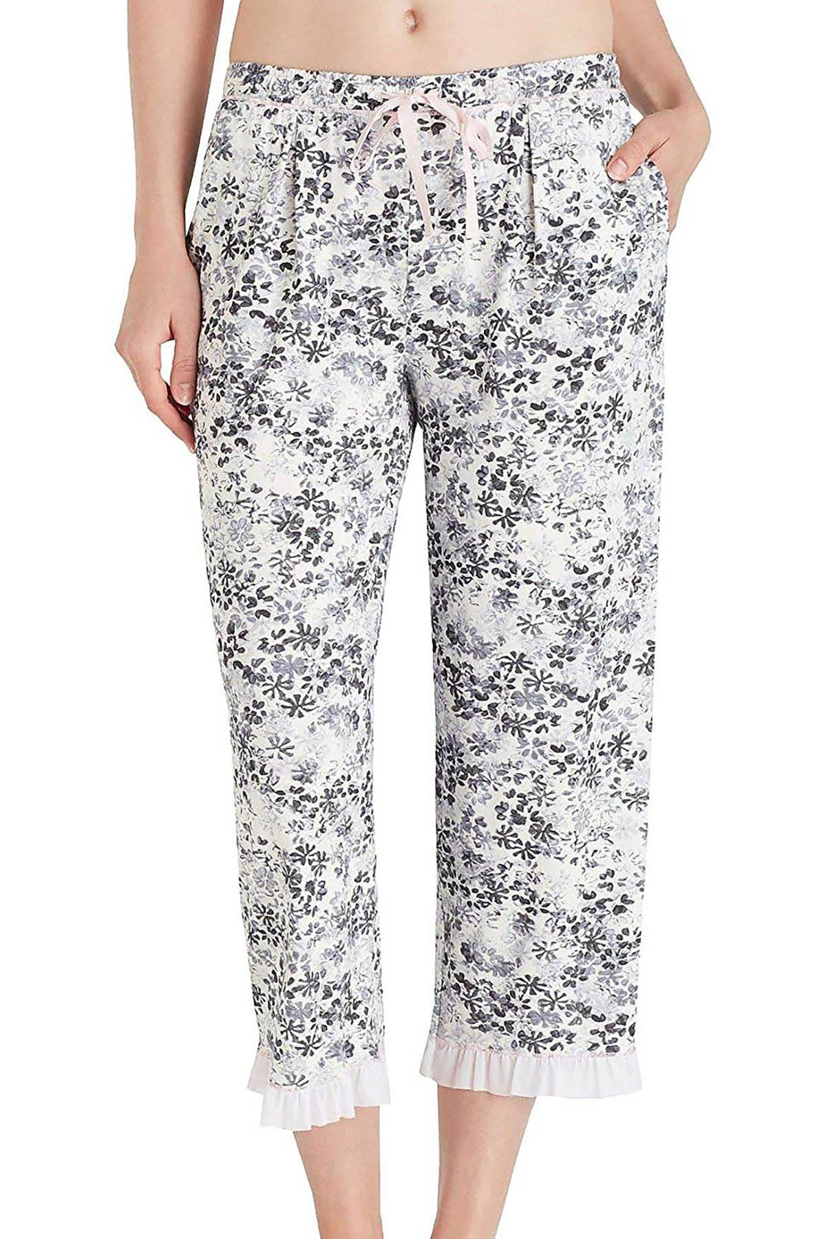 Layla PLUS Black/White Floral Ruffle-Hem Capri Pajama Pant