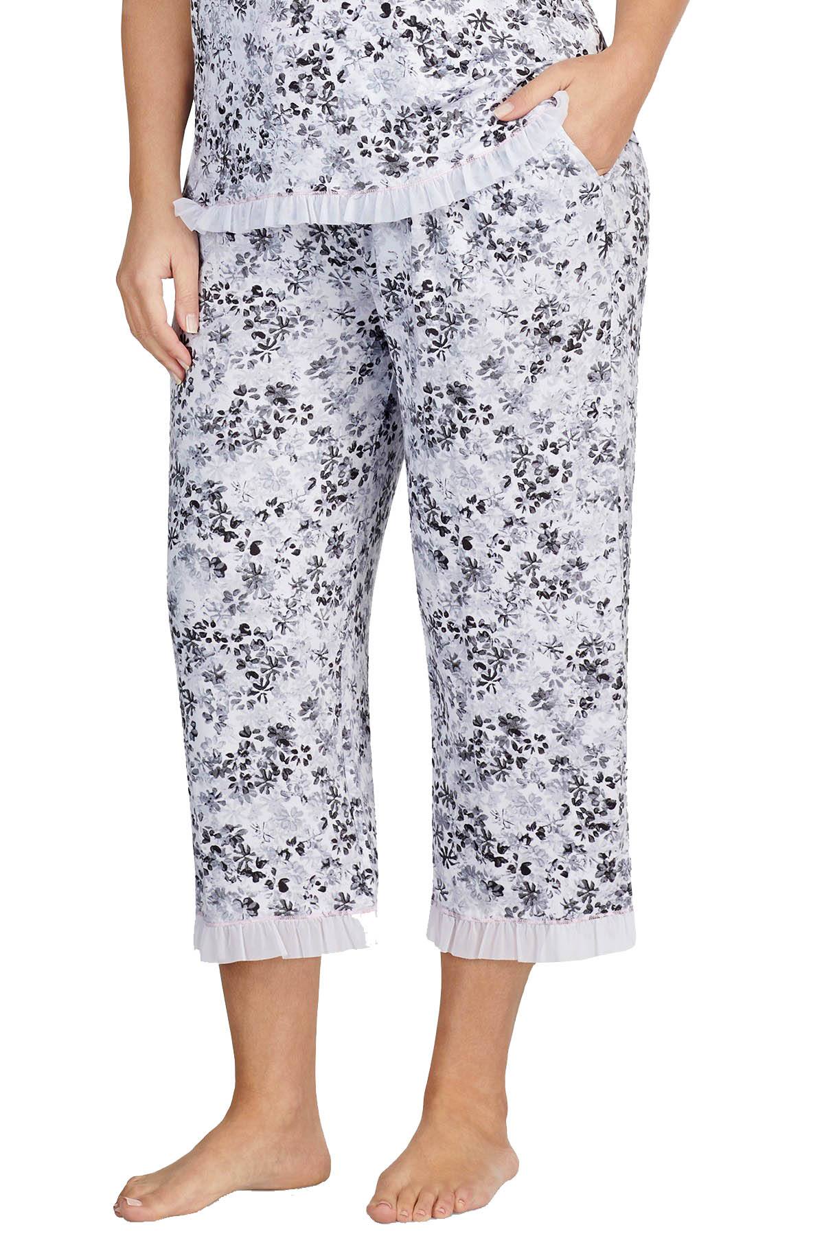 Layla PLUS Black/White Floral Ruffle-Hem Capri Pajama Pant