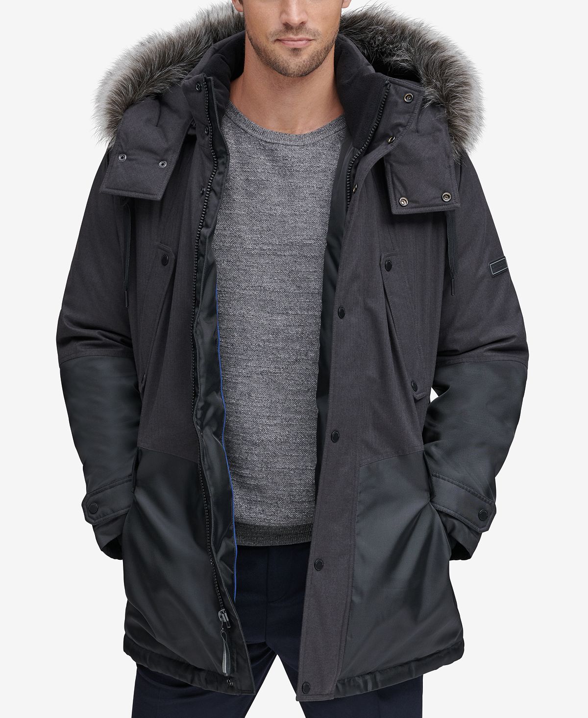 Marc New York Mixed-media Parka With Removable Hood Charcoal Gray