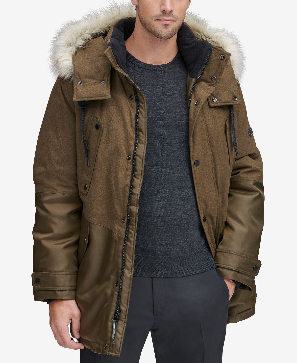 Marc New York Mixed-media Parka With Removable Hood Moss Green