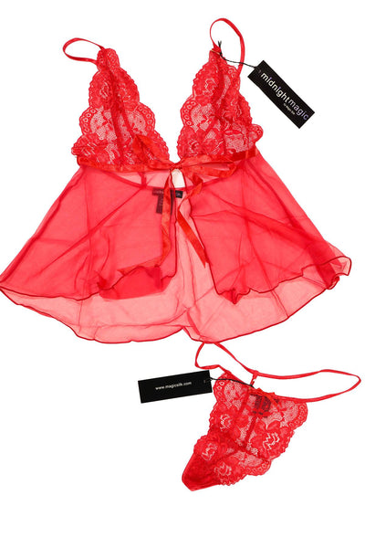 Midnight Magic Red Lace/Mesh Babydoll Cami & G-String 2-Pc Set